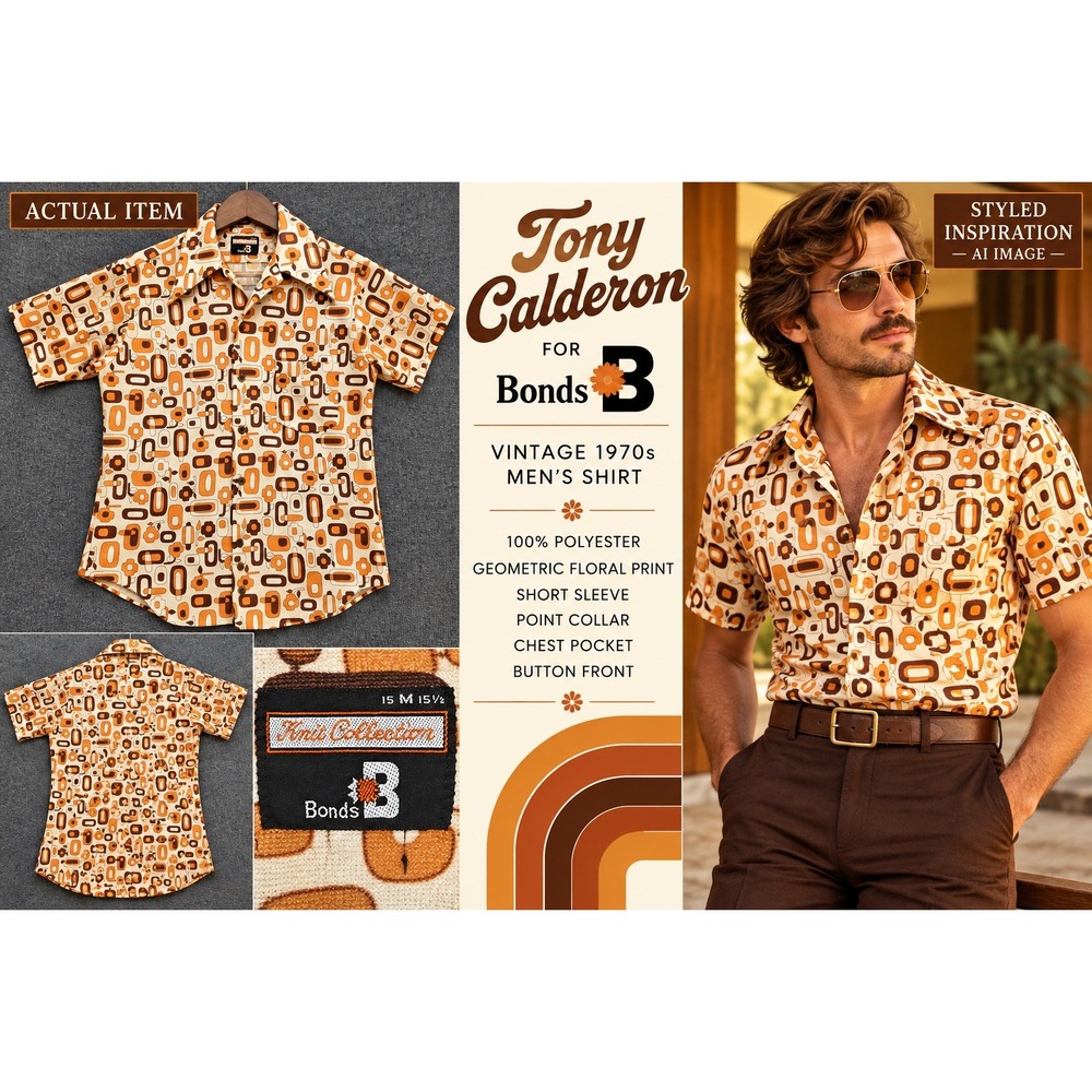 Bonds Button Down Shirt Mens 70s Retro Geometric Orange Brown M Excellent Disco